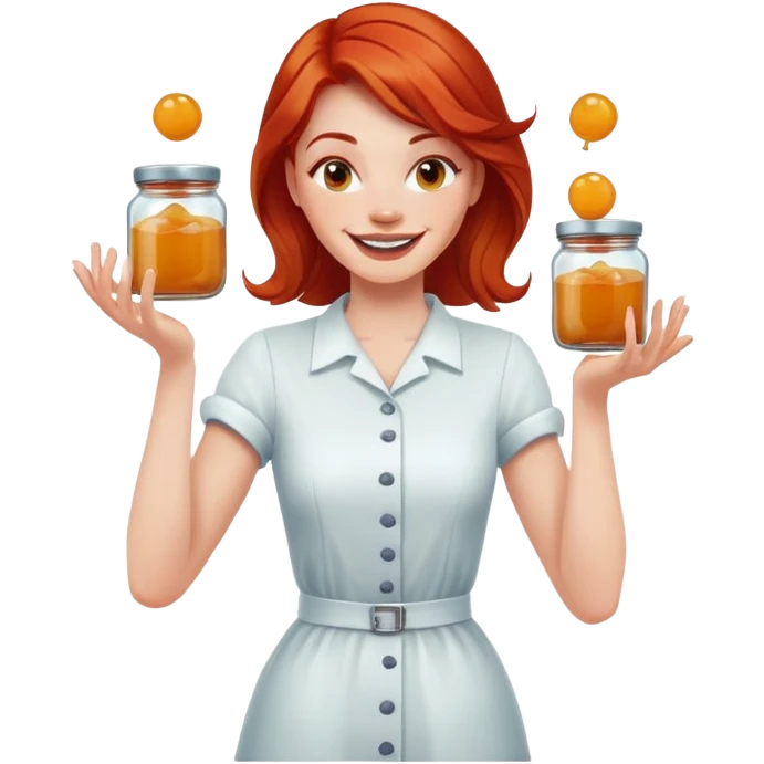 redhead woman juggling with 3 glass jars with jam emoji