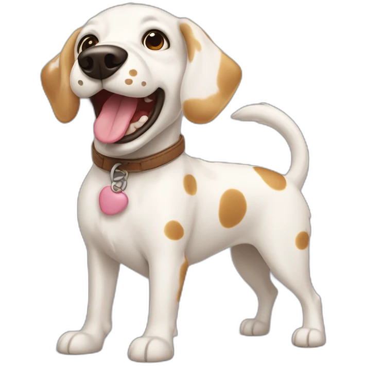 white dog with large caramel-colored spots and ears standing up and tongue out. emoji