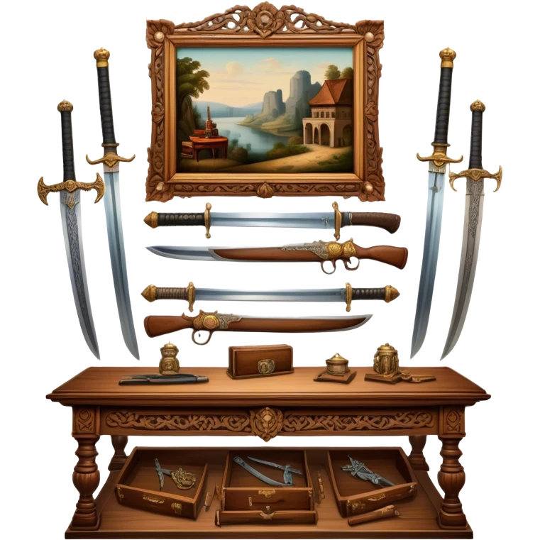 Icon for Antiques Collecting: vintage intricately carved furniture, famous paintings, antique swords, and rifles. The items are displayed on a wooden table or shelf. The icon should evoke the rich history and craftsmanship of antique collecting. Transparent background. emoji