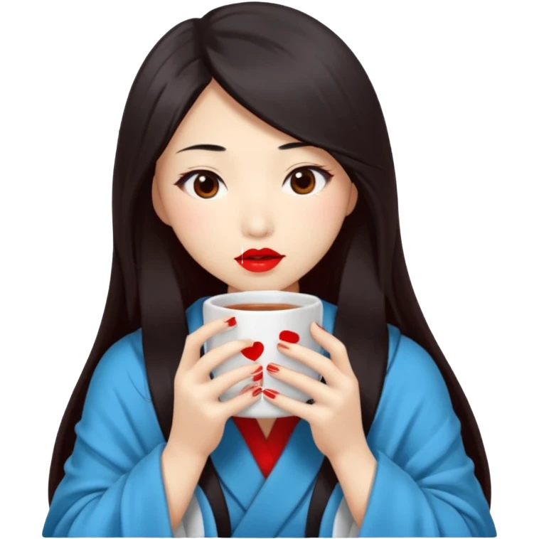 sexy asian japanese girl, red lips, long dark hair, feeling ill, sickness, nose is red due to sickness, head and body covered by blanket, holding tea mug in hands emoji