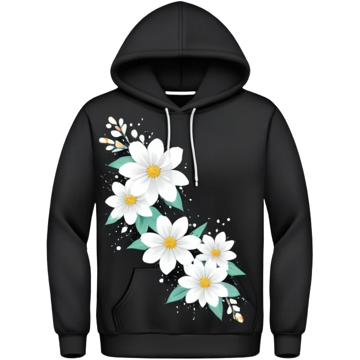 Black Hoodie with White Floral Splatter 
A sleek black hoodie featuring a scattered white floral pattern, blending streetwear vibes with artistic expression. Perfect for casual wear or making a bold statement. emoji