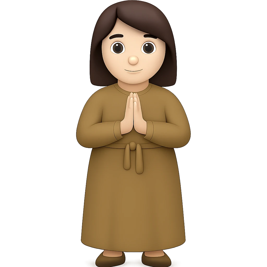Make the woman a little thicker (not very thin), standing and praying from the front view, wearing a long tan dress, with dark brown hair, in emoji style, with no background. emoji