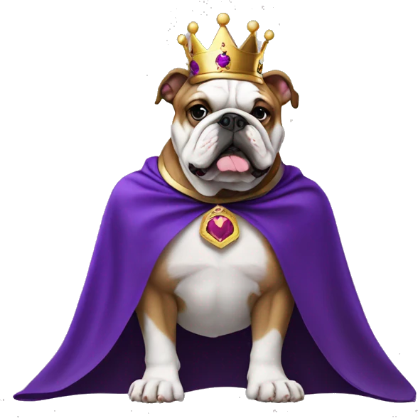 Bulldog wearing a crown and royal purple cape emoji
