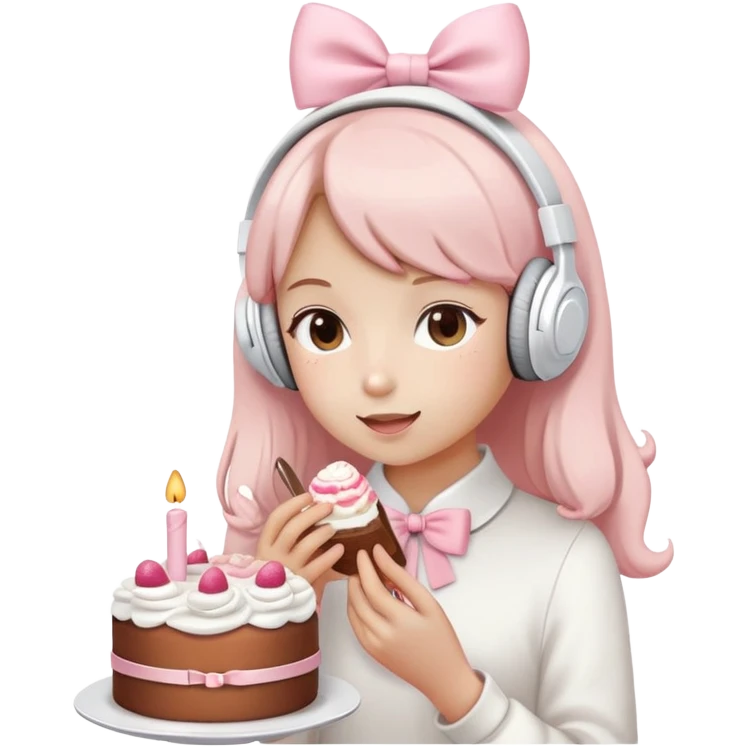 girls wearing White headphones with soft pink bow,having cute cake emoji