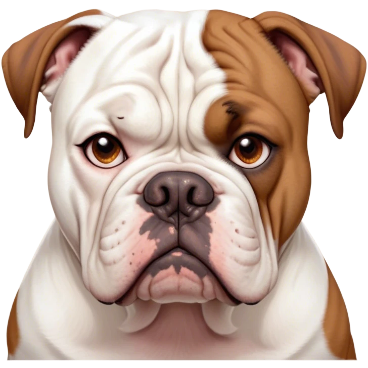 Cinematic Meme-Worthy Grumpy White and Brown American Bulldog Portrait Emoji, Head held high but eyes filled with dramatic disappointment, short white fur with striking brown patches, deeply furrowed brow creating an unmistakable scowl, floppy ears slightly angled back in disapproval, piercing brown eyes glaring with pure exasperation, Simplified yet hilariously over-exaggerated features, highly detailed, glowing with an aura of supreme annoyance, high shine, exhausted yet judgmental, stylized with an almost regal pettiness, bright but brooding, soft glowing outline, capturing the essence of a pup that has seen it all and is thoroughly unimpressed, so meme-worthy it feels like it could instantly become the next viral sensation of grumpiness! emoji