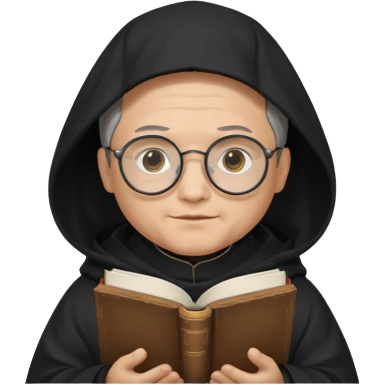 Monk priest prayer black habit with hood round black glasses done light brown wavy hair under hood remove the medallion smaller more round glassed age 46 no necklace more oval face hand holding book that says RB 480 top left is great add a little hair brown gray under hood  emoji