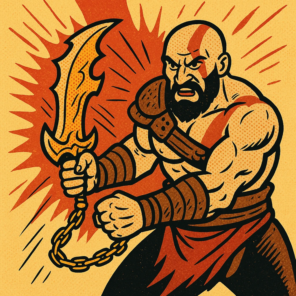 the Blades of Chaos from God of War, stylized, bold outlines, comic book style, action pose emoji