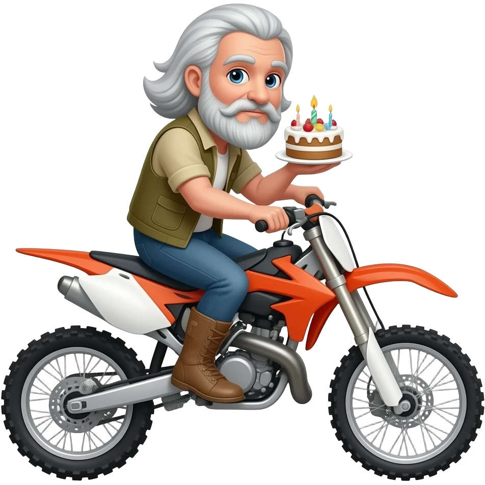 White man with long hair and graying beard riding a dirt bike and eating birthday  cake emoji