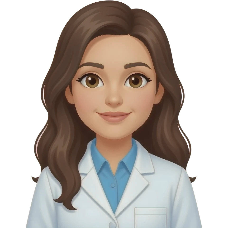 female scientist with long brown hair in white coat emoji