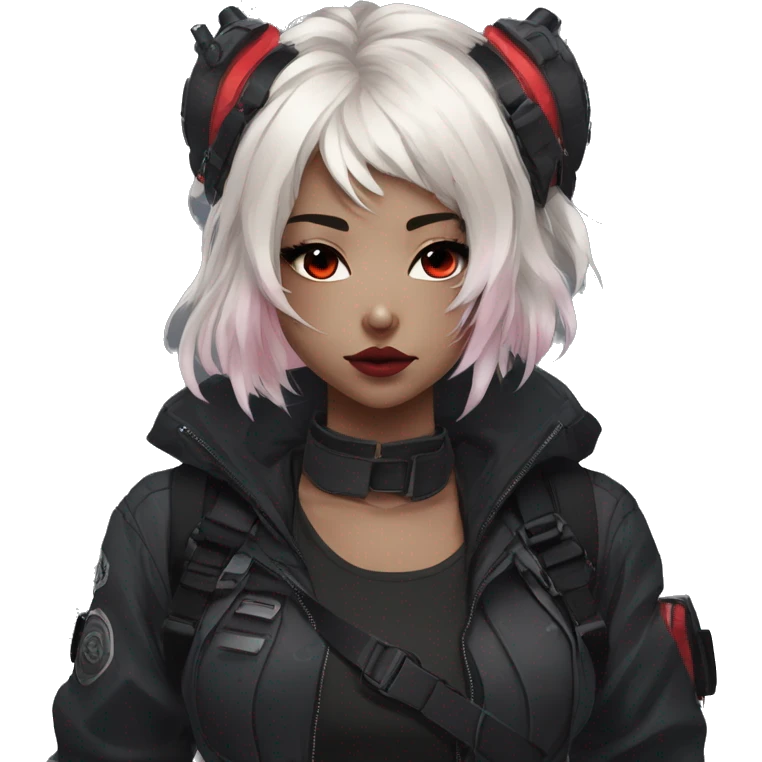 Gorgeous dark techwear anime style lady with blushing face aesthetic and pretty edgy black red punk messy hair with collar and harness trending style emoji