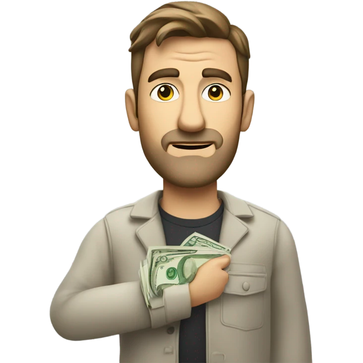 Caucasian Man sticking out his hand with money and a scowl emoji