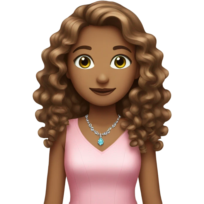 Girl with blue/green eyes, curly long brown hair, with a pink dress and sparkling neck less  emoji