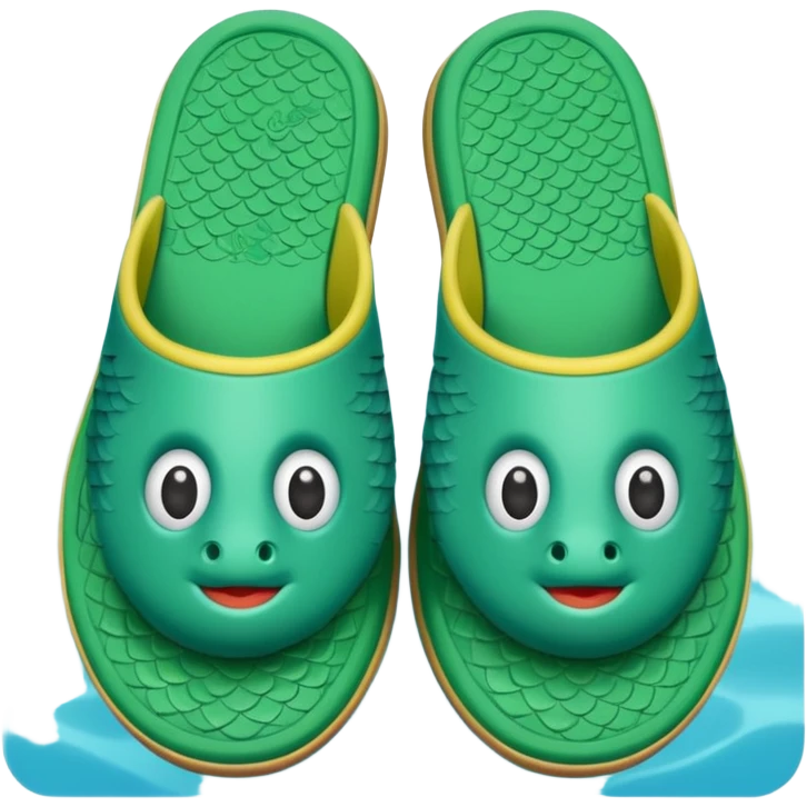 slightly green rubber pool slippers with carp eyes on the top and fish tail in the back emoji