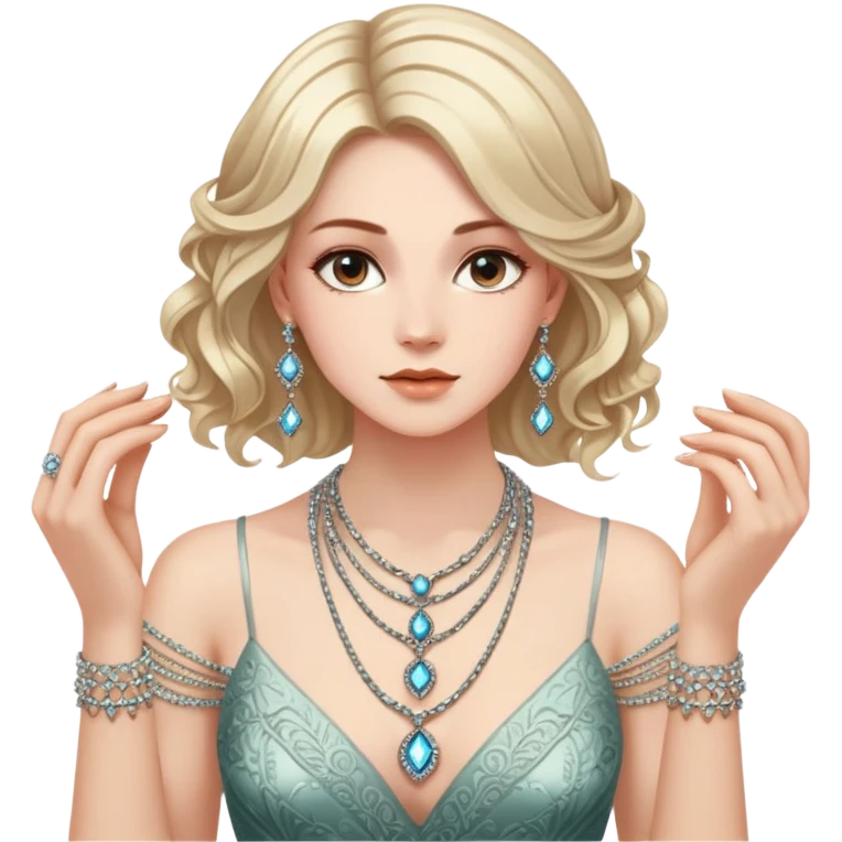 "A woman elegantly holds several shimmering necklaces in her hands, her gaze focused on the intricate details of each piece. She wears a simple dress and her hair is neatly styled." emoji