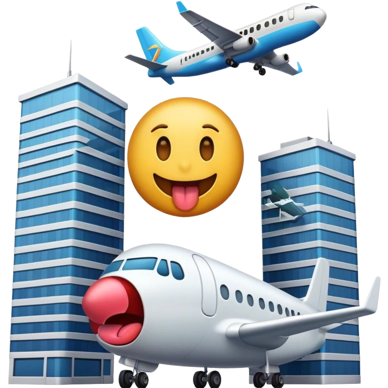 A freaky emoji with its tongue out standing next to two large buildings with a plane heading towards them emoji