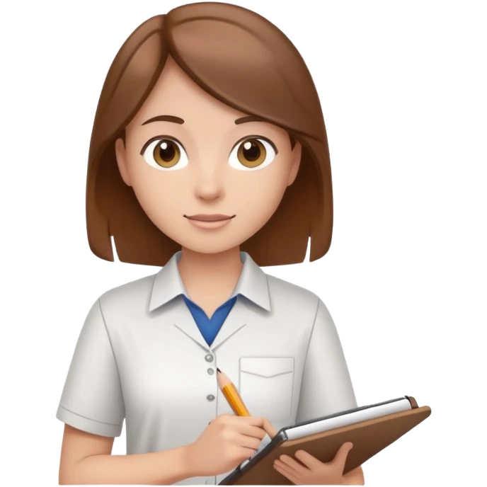Intern or volunteer with brown hair holding a clipboard and pencil, ready to take notes or assist. The character wears a simple shirt and has an eager posture emoji