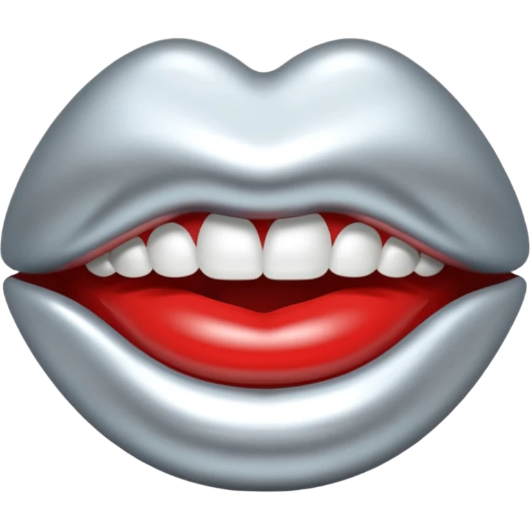 Chrome silver lips emoji, glossy metallic texture, iOS emoji style, smooth reflections, bold but minimal design, centered, silver mouth. all silver emoji