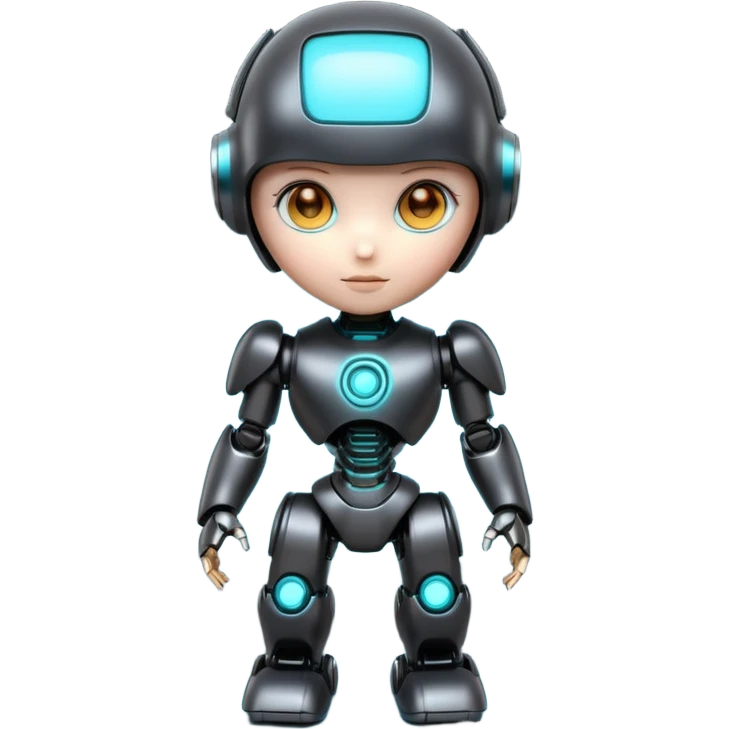 Cute futuristic chibi humanoid robot with large rounded head, add text on chest "LMX". glossy black and grey metal body, glowing cyan and amber eyes, visible joints, confident pose, white background, high-detail 3D render,  emoji