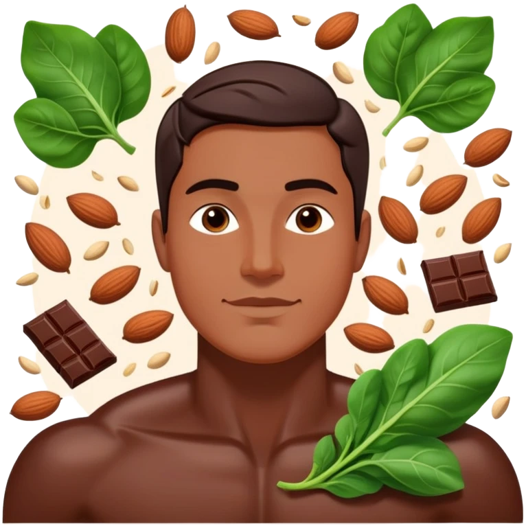 Relaxed male figure surrounded by floating foods: large pieces of shiny dark chocolate prominently displayed, with spinach leaves, almonds, and seeds. Soft light connecting these magnesium-rich foods to muscles and nervous system, showing a soothing effect on the man's body. emoji