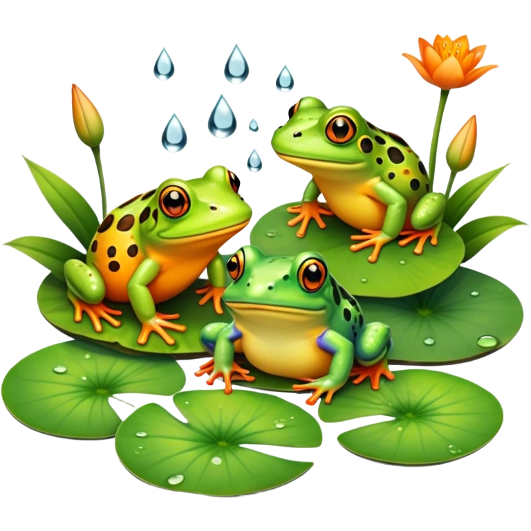 Icon for Amphibians: A colorful collage with various amphibians like a bright green frog sitting on a lily pad, a small salamander with orange spots, and a toad with bumpy skin. Water droplets around them and a pond in the background. Transparent background. emoji