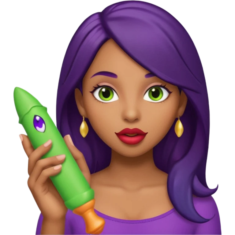 Big brown Puerto Rican skin colored DILDO  inside a juicy mouth that has lips shaped like rose buds  with blackish purple hair and Italian skin color with green almond shapes eyes, magical mouth with of mouth  emoji