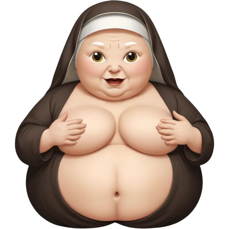 Fat old nun , naked, unrealistic giant boobs, playing with pussy emoji