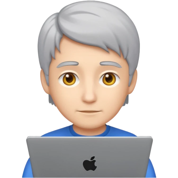 Make the hair gray or white, keep the emoji style of a young coder using a laptop and referencing a tablet. emoji