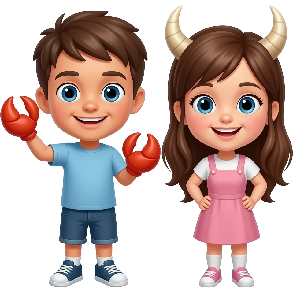 Crab boy celebrating girl with bull horns emoji
