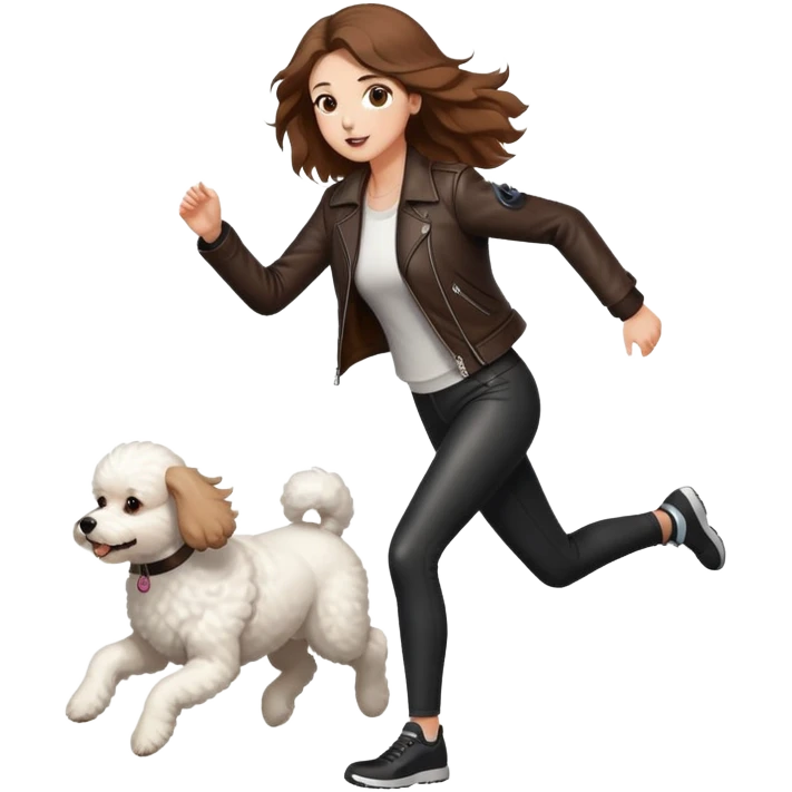 A beautiful tall girl with fair skin and long hair wearing a jacket and running with a white Bichon Frise emoji