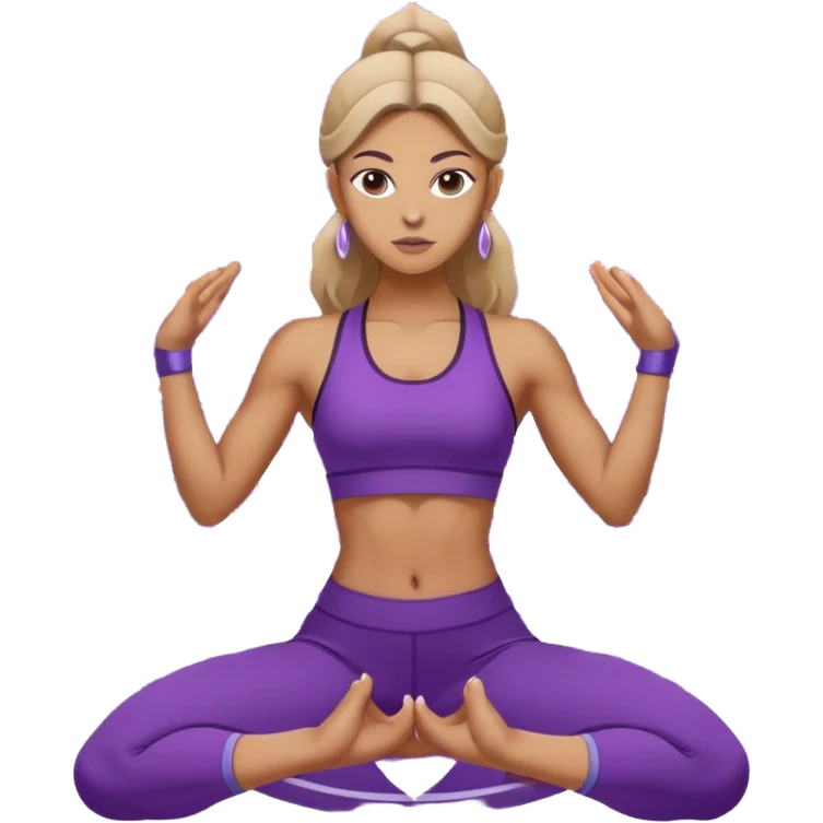A woman in purple activewear holding warrior two pose, centered with a white mandala pattern behind her. emoji