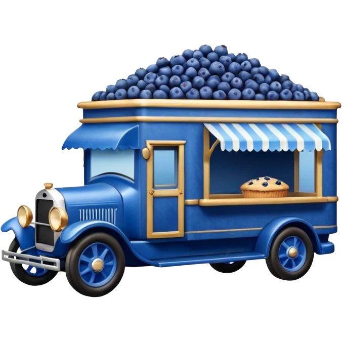 shiny crushed-dark-blue crystal-bodied frozen blueberry muffin pie 1912 antique long-wheelbase cab over durable-looking low rider moving truck food truck  emoji