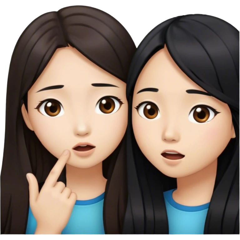 two asian girls whispering long brown hair and long black hair emoji