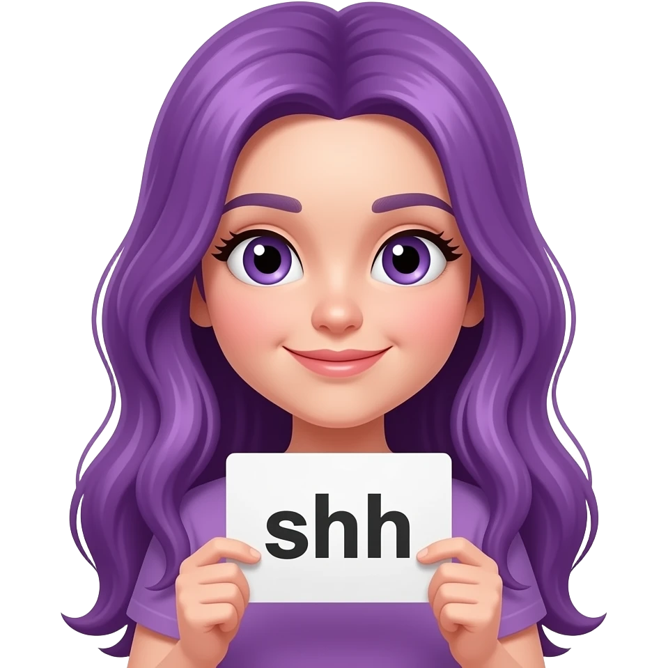 girl with long purple hair with a SHHT... sign emoji