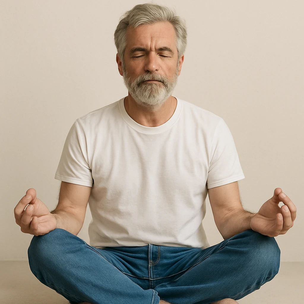 grey-haired and bearded white man meditating, wearing a white t-shirt and blue jeans, simple background emoji