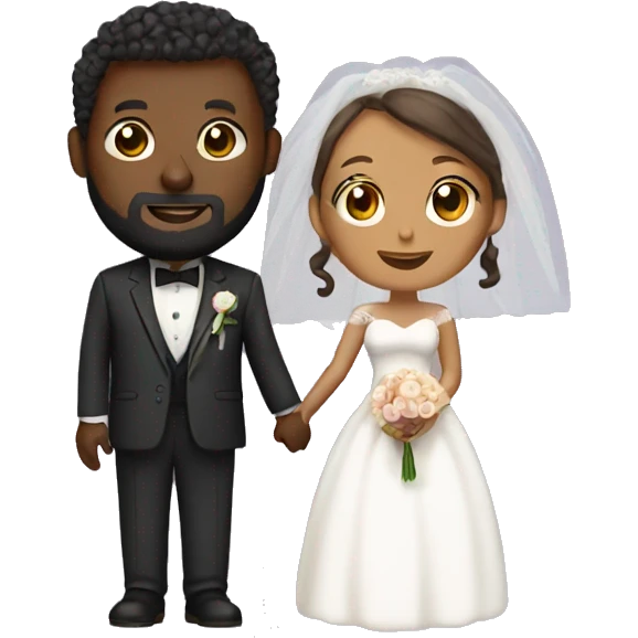 Black bald man with a beard and his wife with long, brown, curly hair on their wedding day emoji