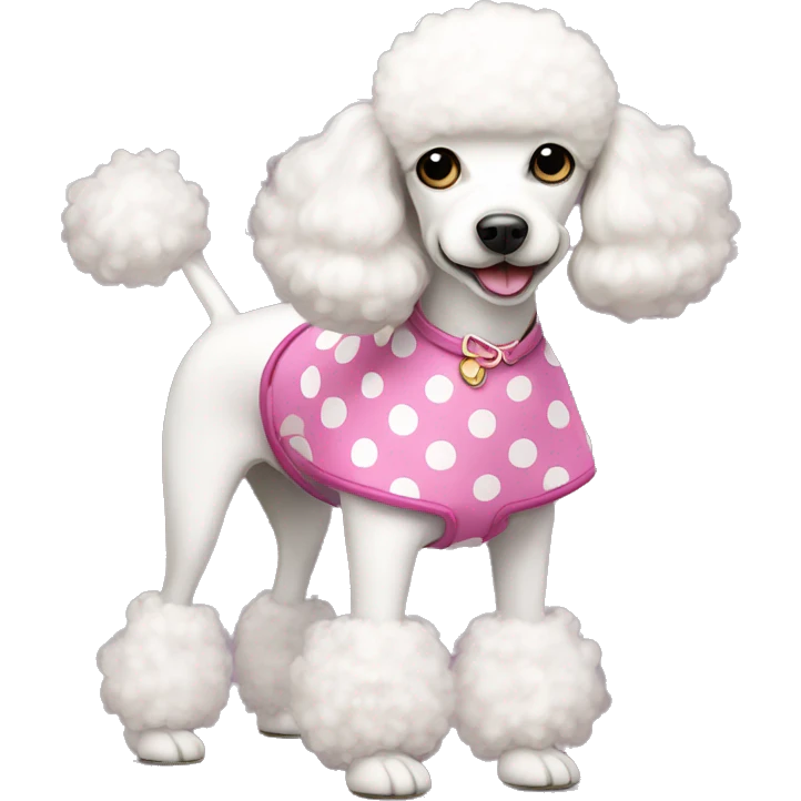 Short white poodle with pink boots and polka dot dress emoji