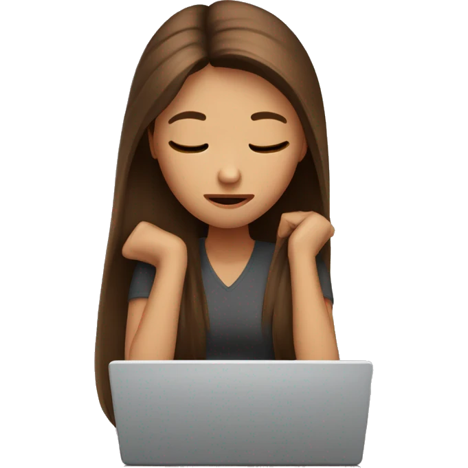 Exhausted brown straight hair girl working with laptop  emoji