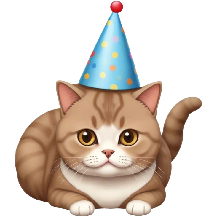 Brown british shorthair cat with birthday hat emoji
