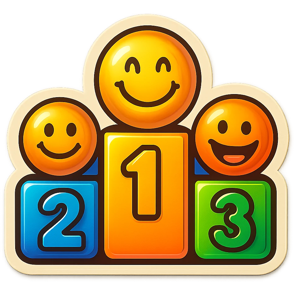 Fix the podium numbers so they are in order 2, 1, 3 from left to right. Keep the cheerful emoji style with vibrant colors and playful expressions. emoji