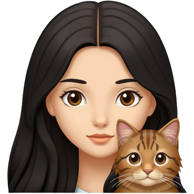 A beautiful girl with long black hair and  a brown long haired tabby emoji