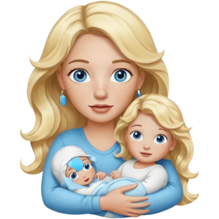 Wavy blonde, white woman with blue eyes, freckles hoop earrings, holding babies emoji