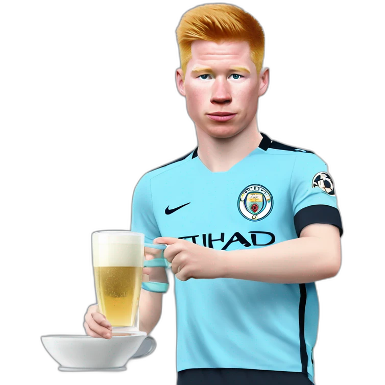Kevin de Bruyne with a shirt of Manchester City drinking tea ,on the cup there the flag of Real Madrid  emoji