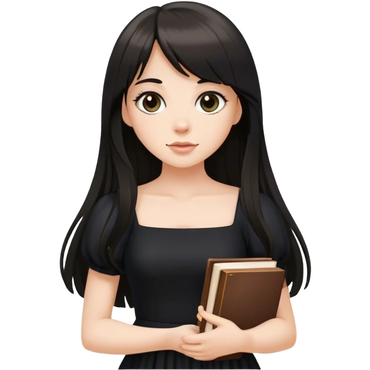 Beautiful white girl, with dark very long hair with bang, wearing black dress, holding books emoji