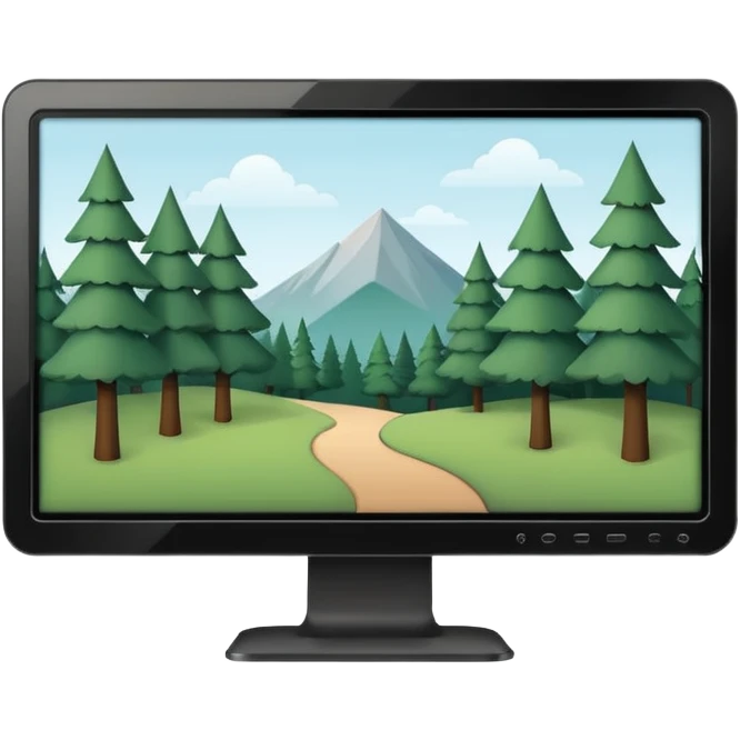 Minimalistic flat vector icon, iOS style, thin black contour on white background. Computer monitor with a simple forest scene on the screen (trees, minimal landscape). Clean, no text, no shadows emoji