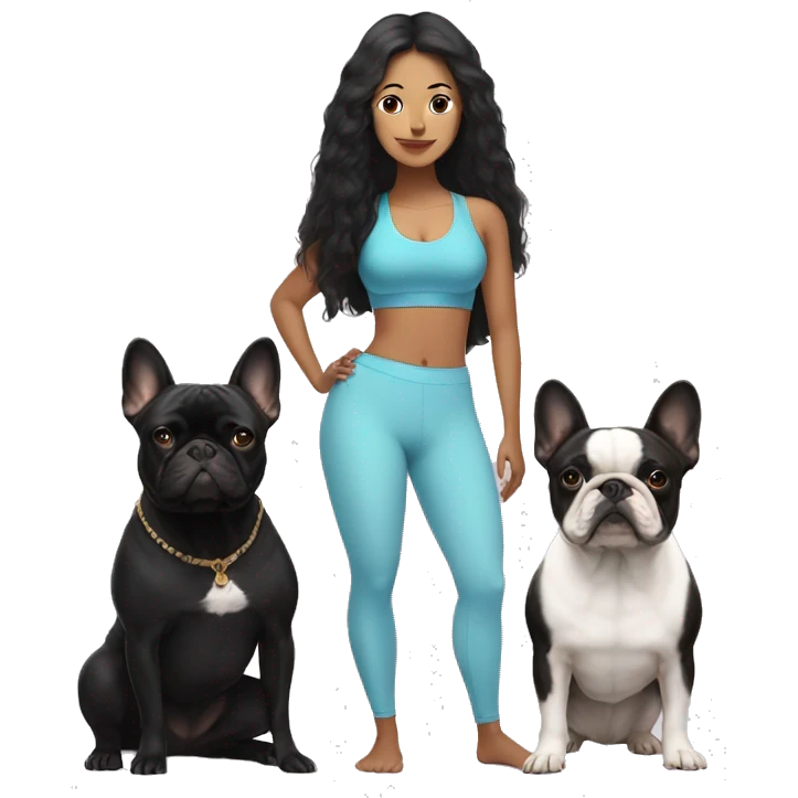 latin women with long black hair in yoga outfit standing alongside two french bulldogs  emoji