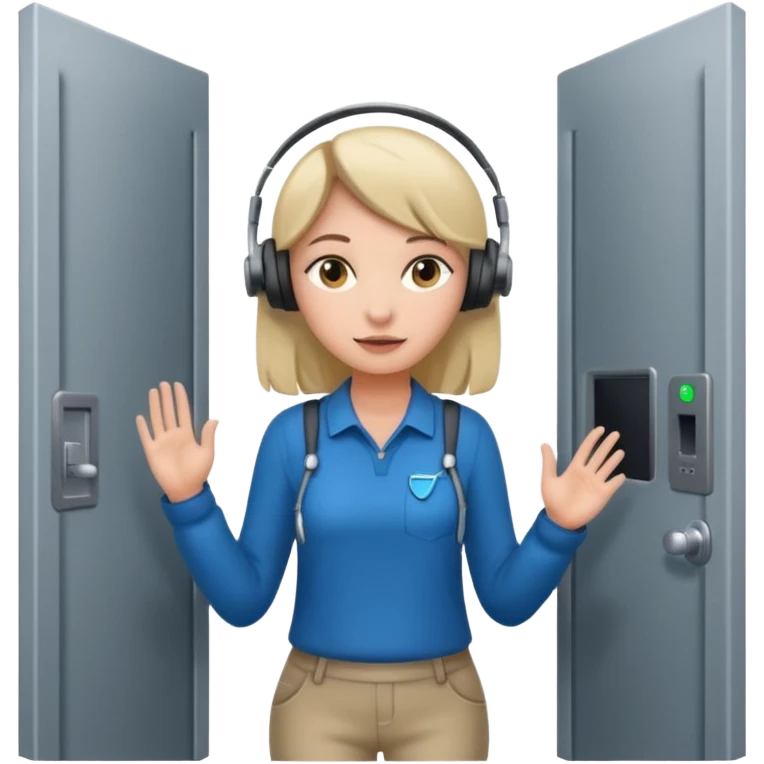 a girl walking through the door into a computer room in an organized manner emoji
