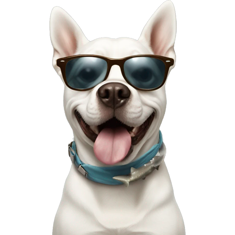 Dog on a shark wearing ugly sunglasses with poop on the head at the dog really really tall emoji