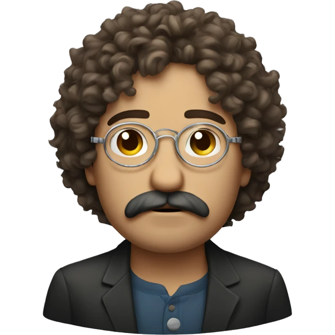 sad man with brown curly hair silver circular glasses and moustache emoji
