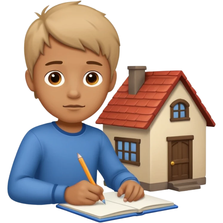 boy drawing little house character on notebook emoji