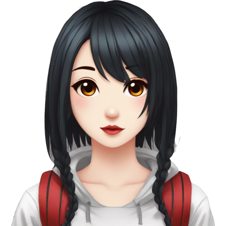Gorgeous anime style lady with blushing face aesthetic and pretty edgy black red punk hair with hair garment trending style emoji